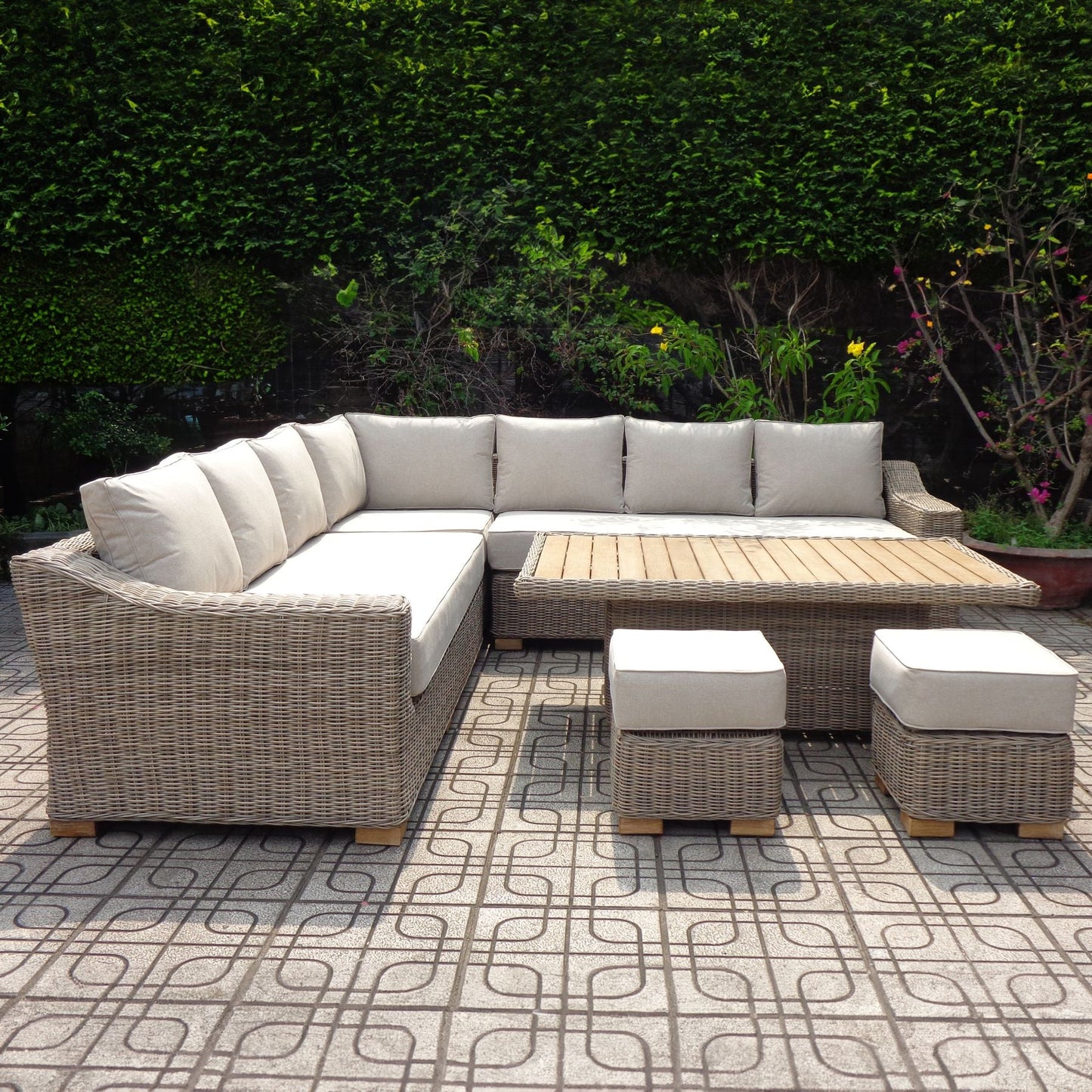 Elegant Luxurious Capri Outdoor Large Corner Set With Riser Table + 2 Stools for Ultimate Comfort - Darlington's Décor