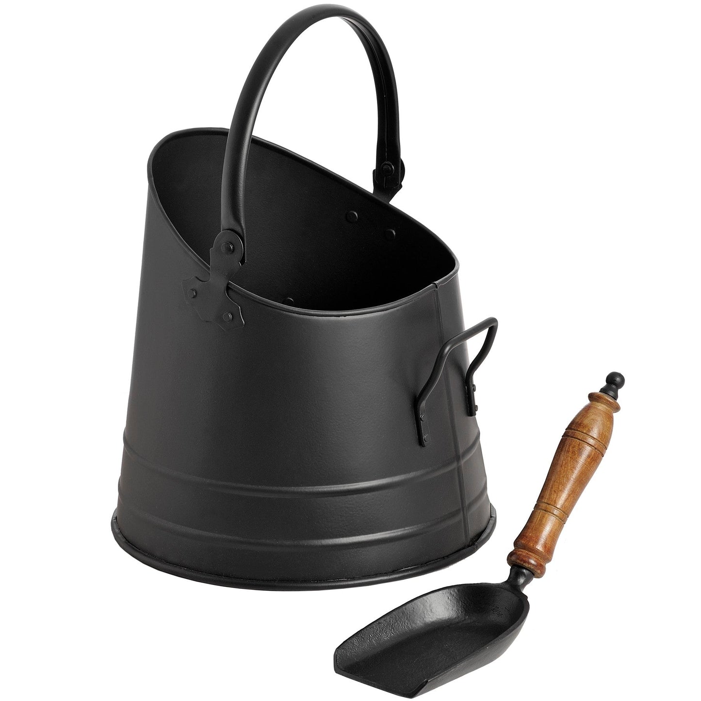 Elegant Black Coal Bucket with Teak Handle Shovel - Darlington's Décor