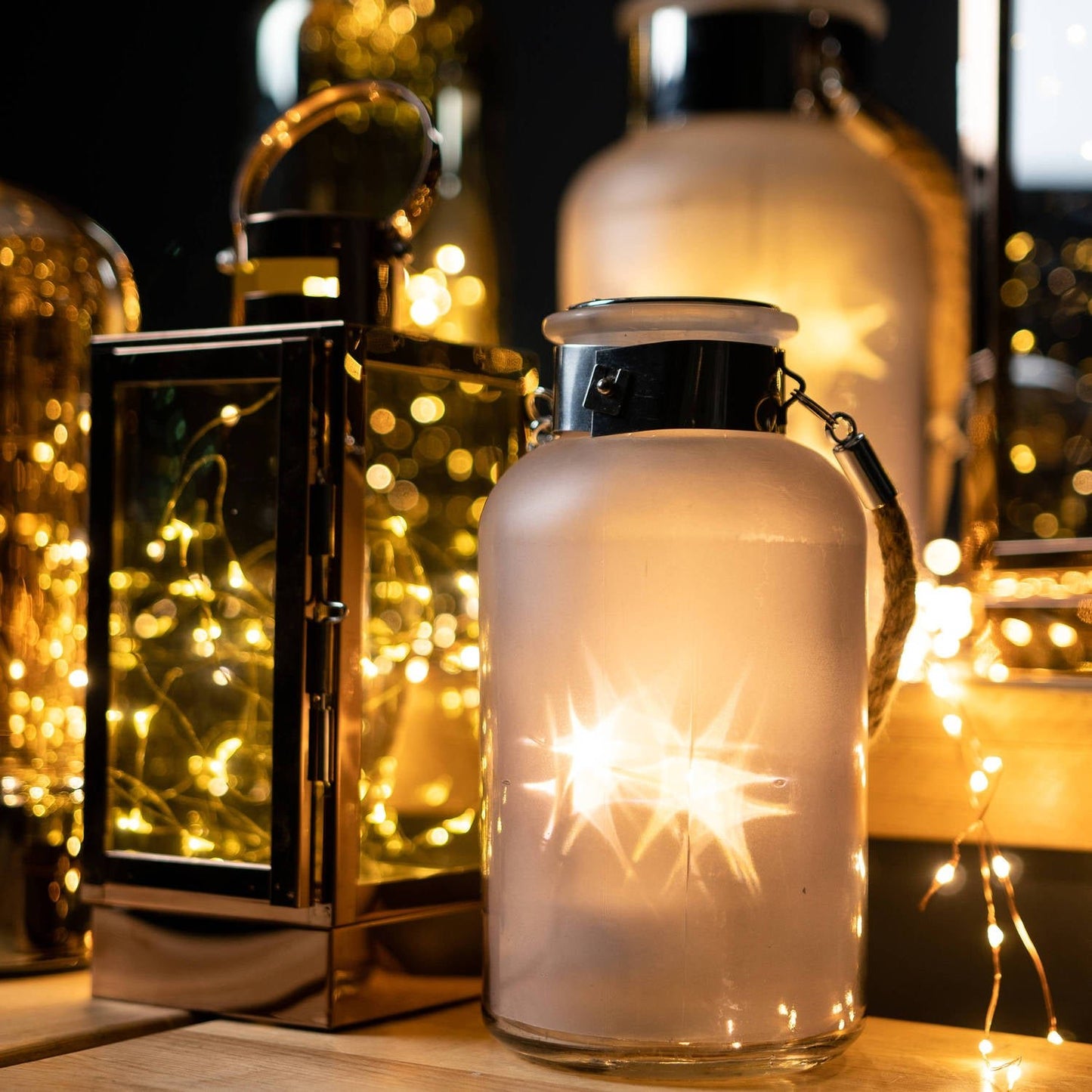 Frosted Glass Lantern with Rope Detail and Interior LED Elegance - Darlington's Décor