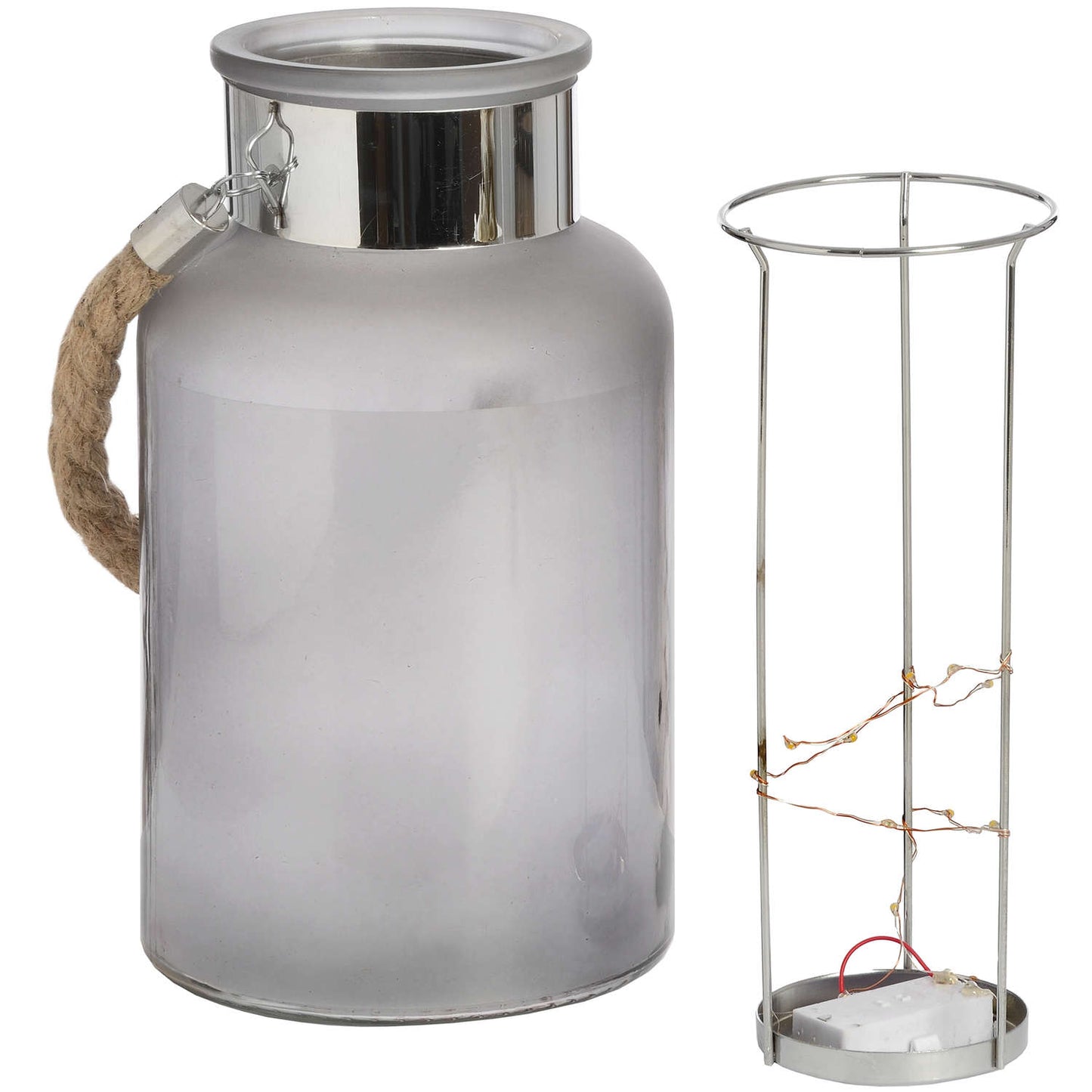 Frosted Glass Lantern with Rope Detail and Interior LED Elegance - Darlington's Décor