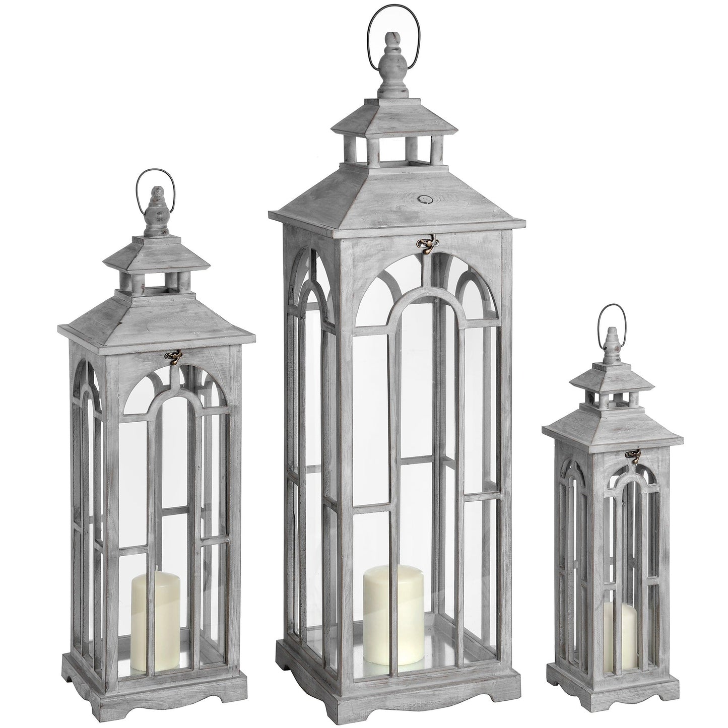 Set Of Three Wooden Lanterns With Archway Design Elegance - Darlington's Décor