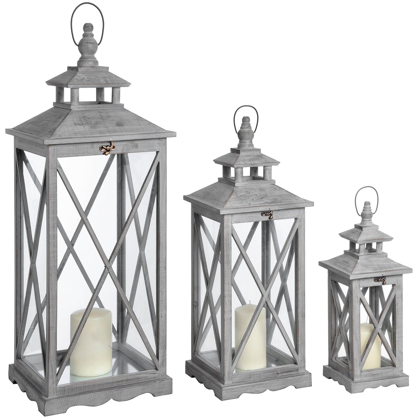 Set Of Three Wooden Lanterns With Traditional Cross Section - Darlington's Décor