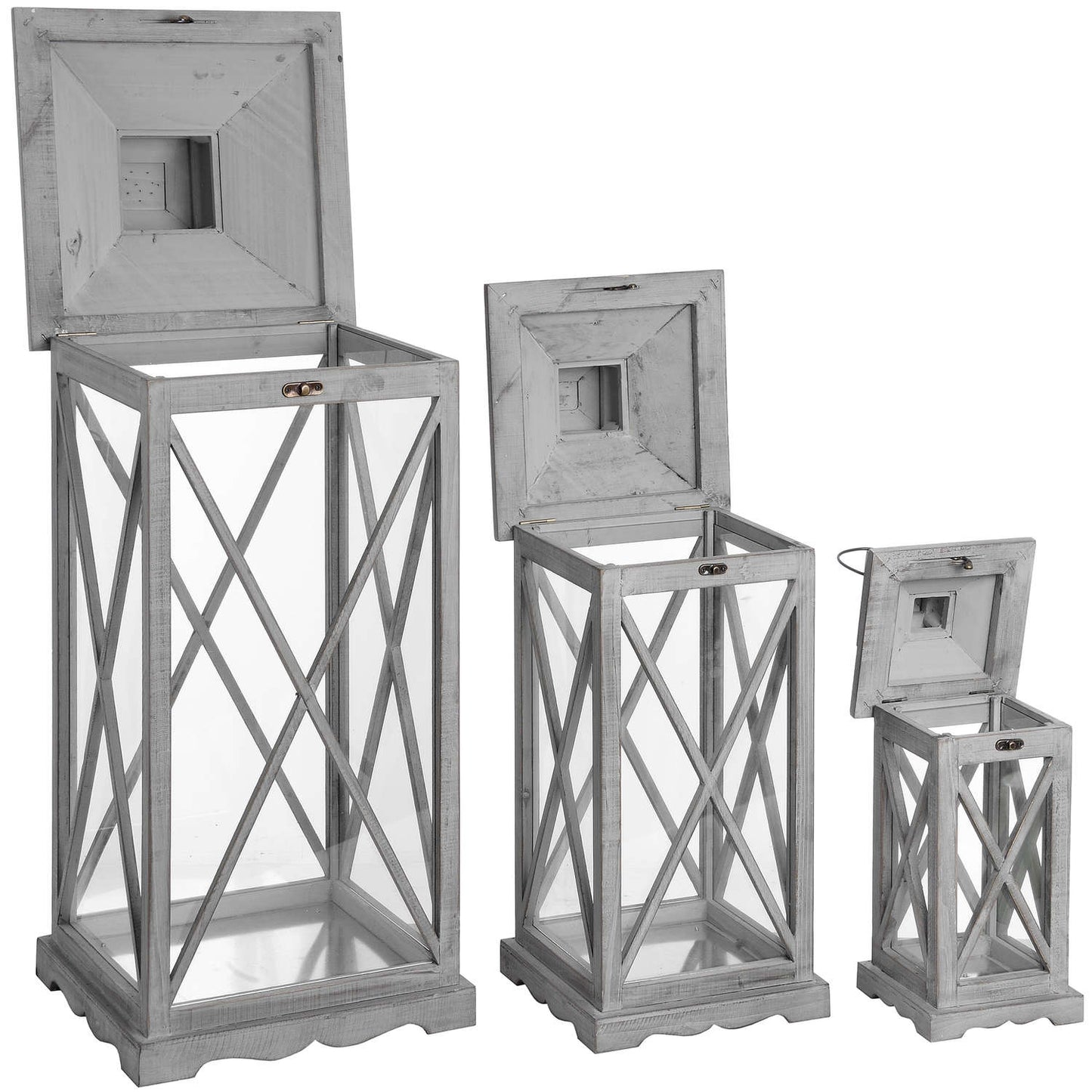Set Of Three Wooden Lanterns With Traditional Cross Section - Darlington's Décor