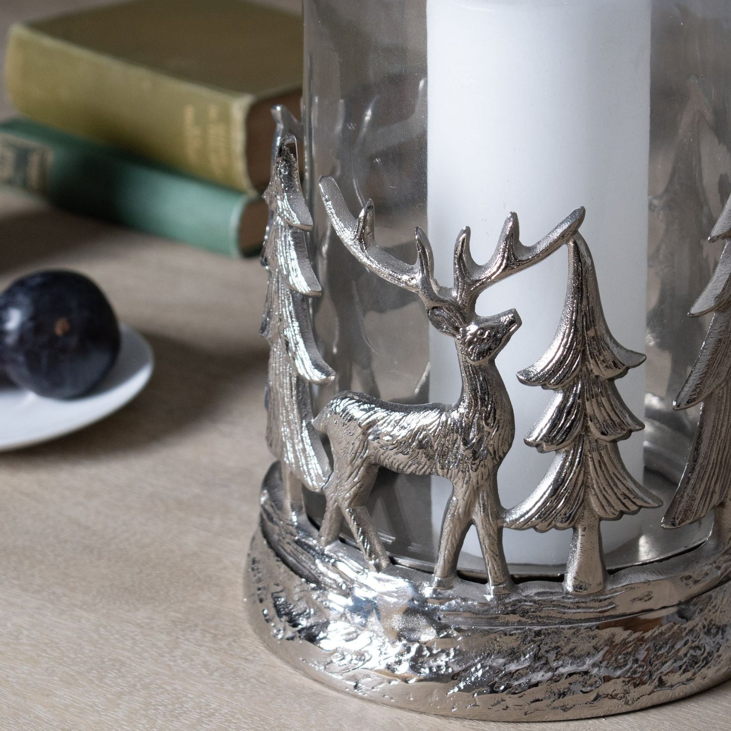 Silver Stag Scene Hurricane Lantern for Enchanting Decor - Darlington's Décor