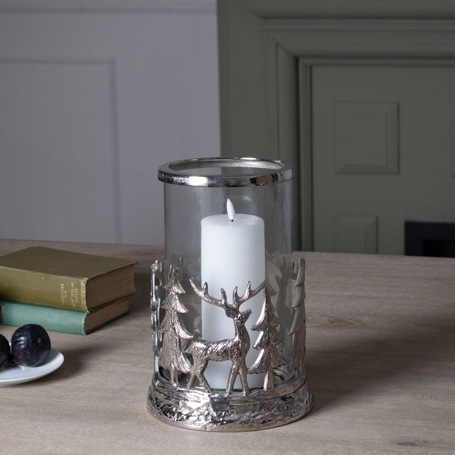 Silver Stag Scene Hurricane Lantern for Enchanting Decor - Darlington's Décor