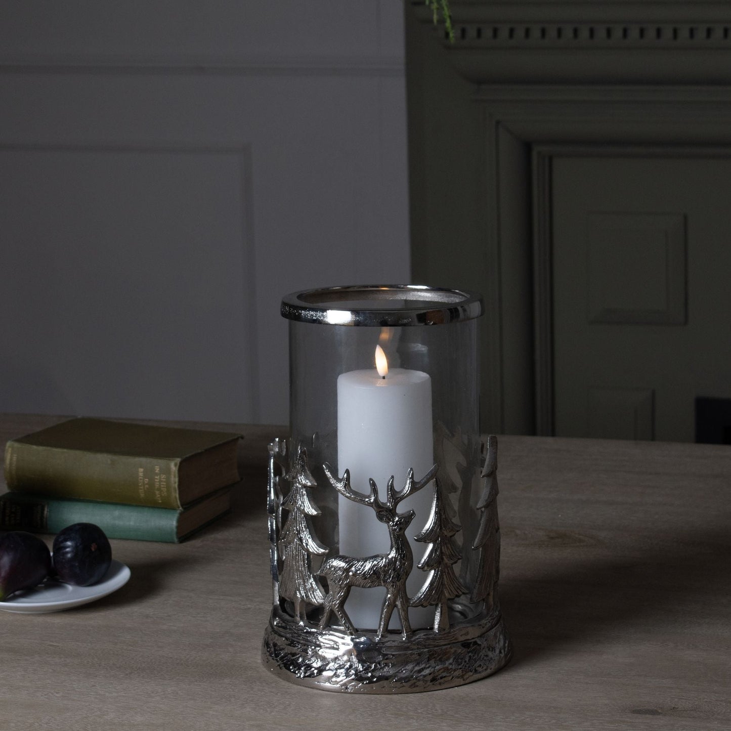 Silver Stag Scene Hurricane Lantern for Enchanting Decor - Darlington's Décor