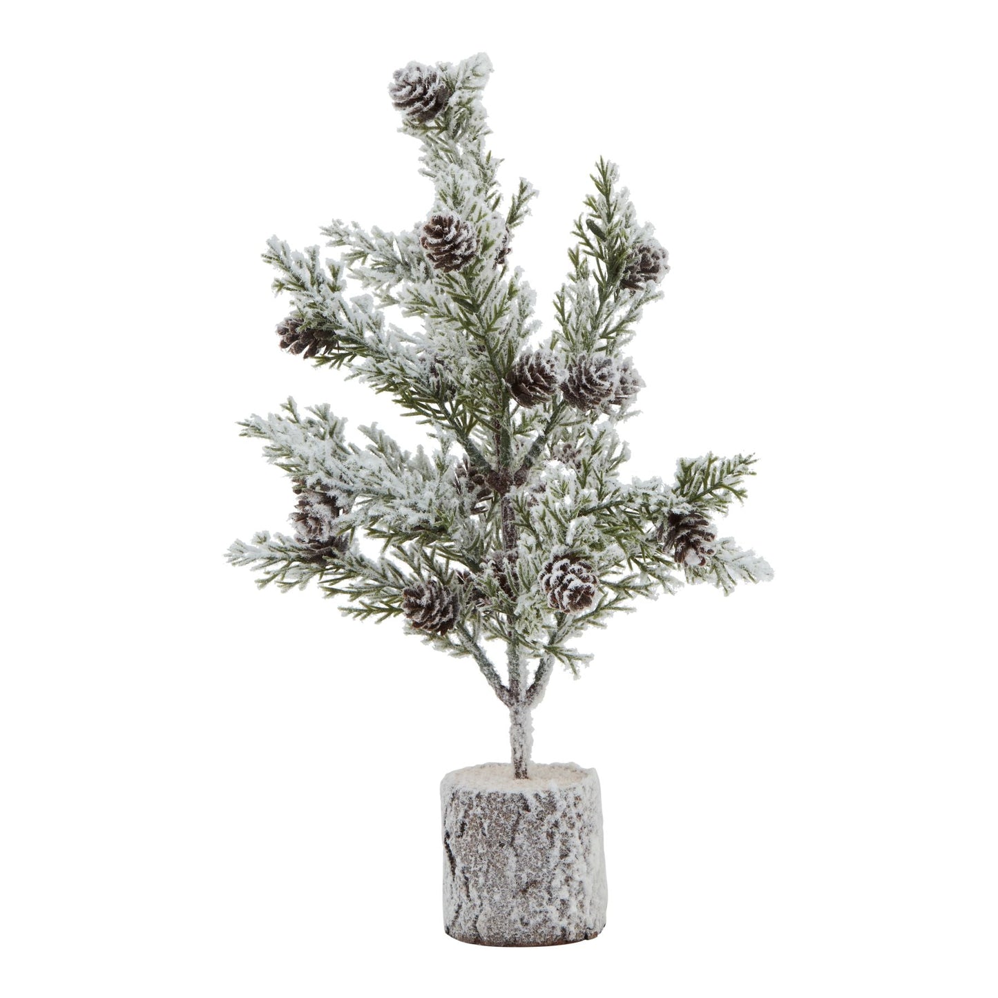 Small Snowy Fir Tree With Pinecones In Wood Log Base - Darlington's Décor