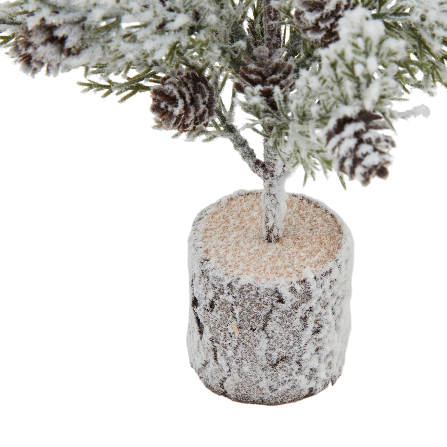 Small Snowy Fir Tree With Pinecones In Wood Log Base - Darlington's Décor
