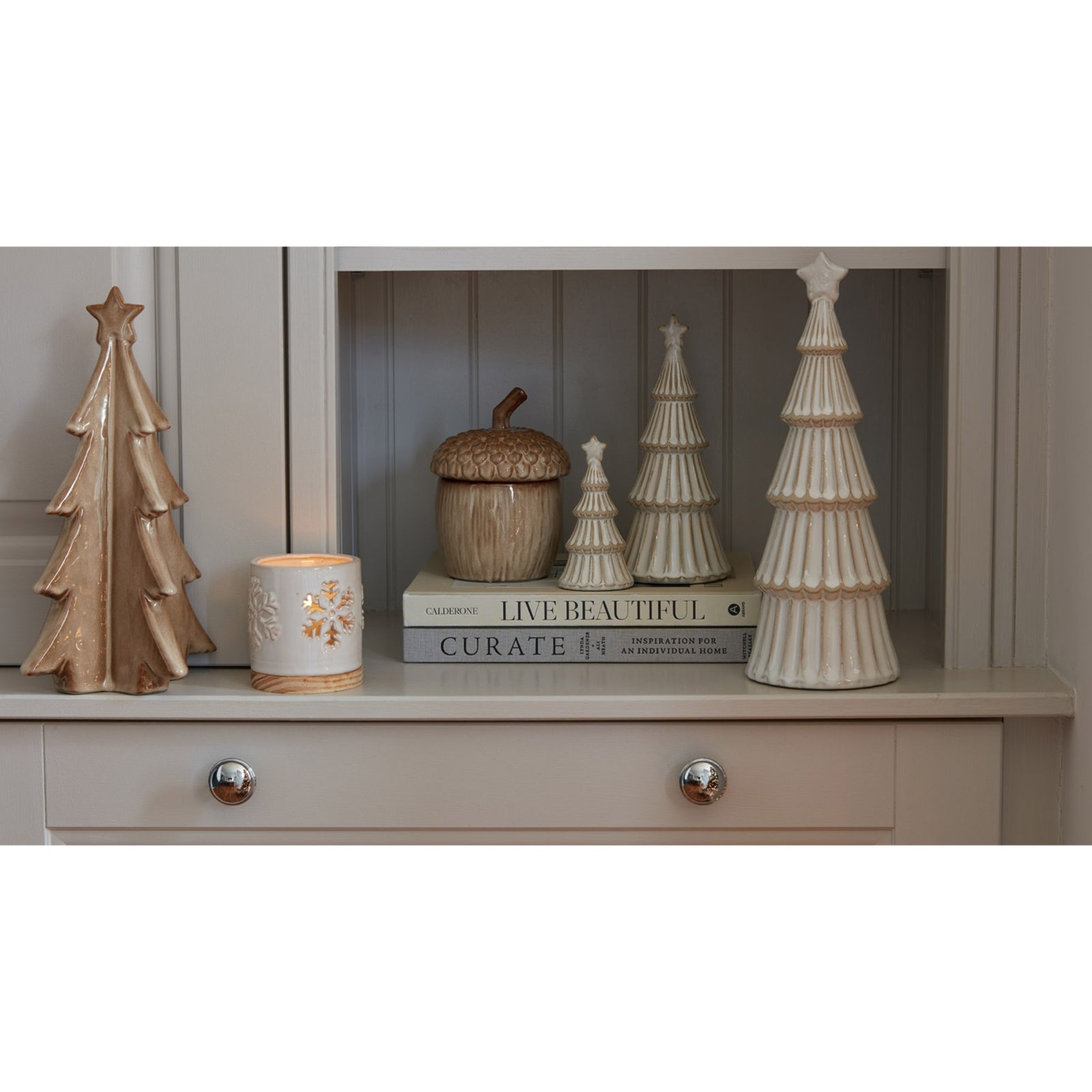 Alora Ceramic Snowflake Candle Holder On Wood Base Display - Darlington's Décor