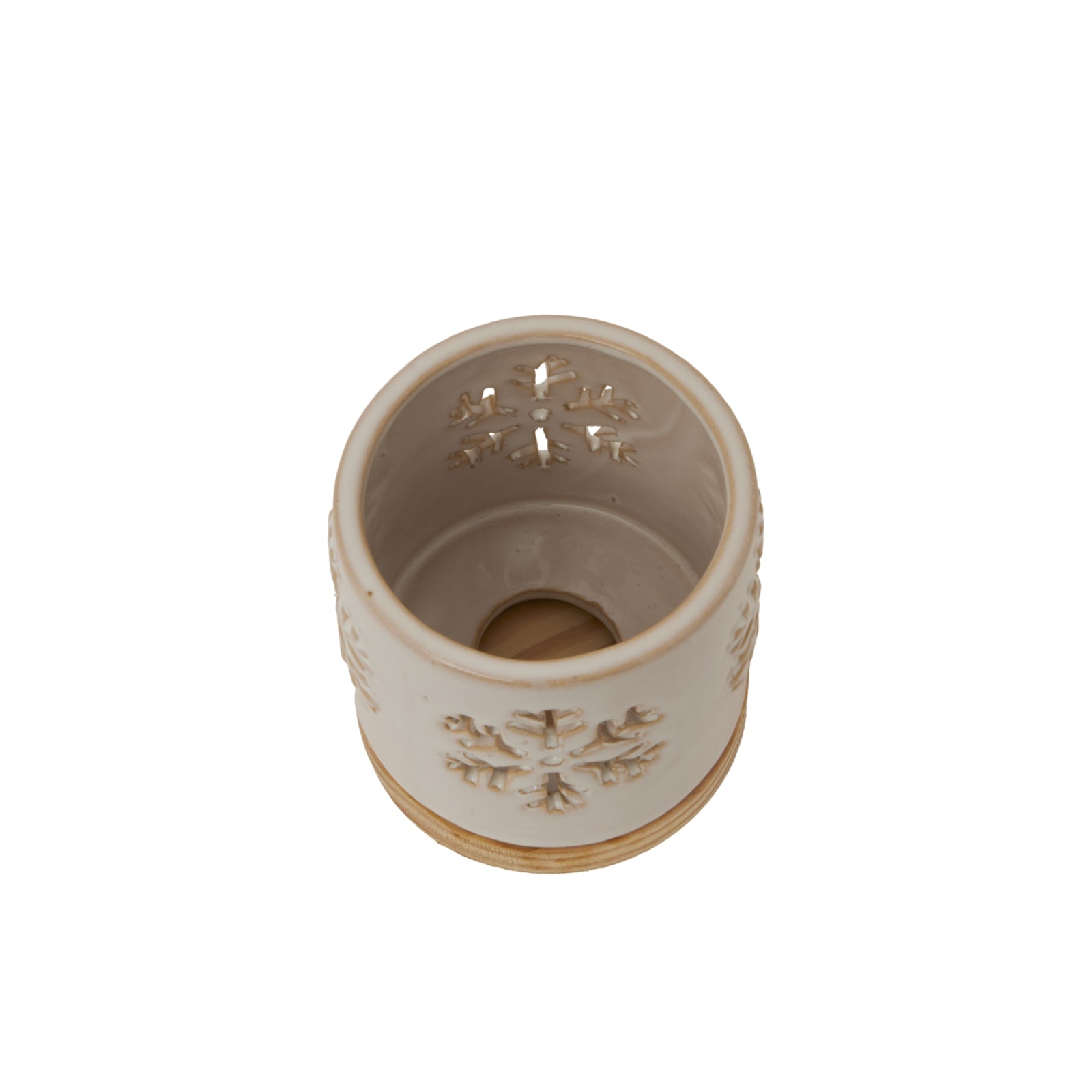 Alora Ceramic Snowflake Candle Holder On Wood Base Display - Darlington's Décor