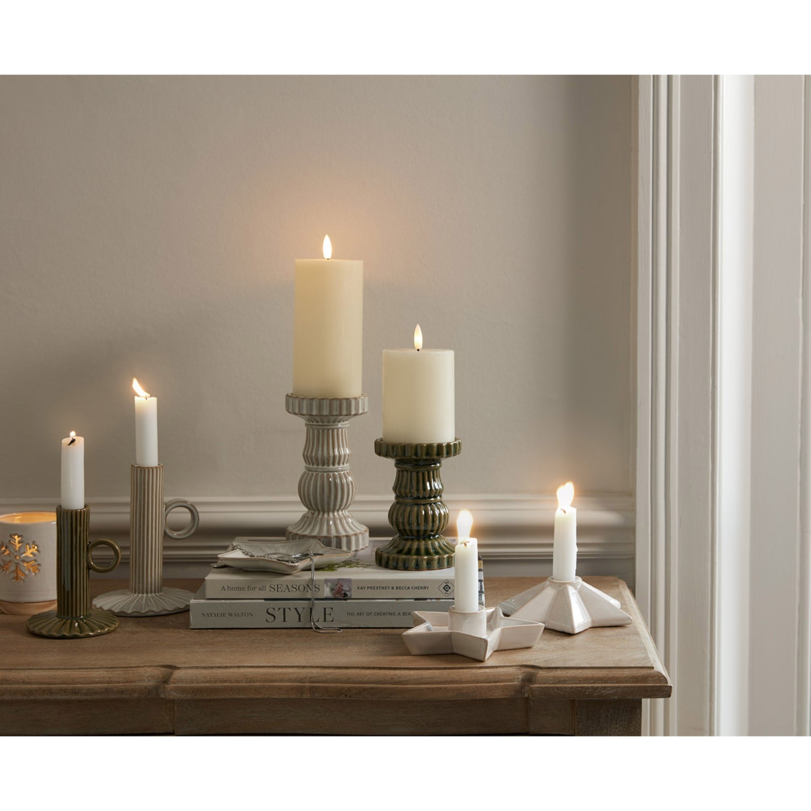 Alora Ceramic Snowflake Candle Holder On Wood Base Display - Darlington's Décor