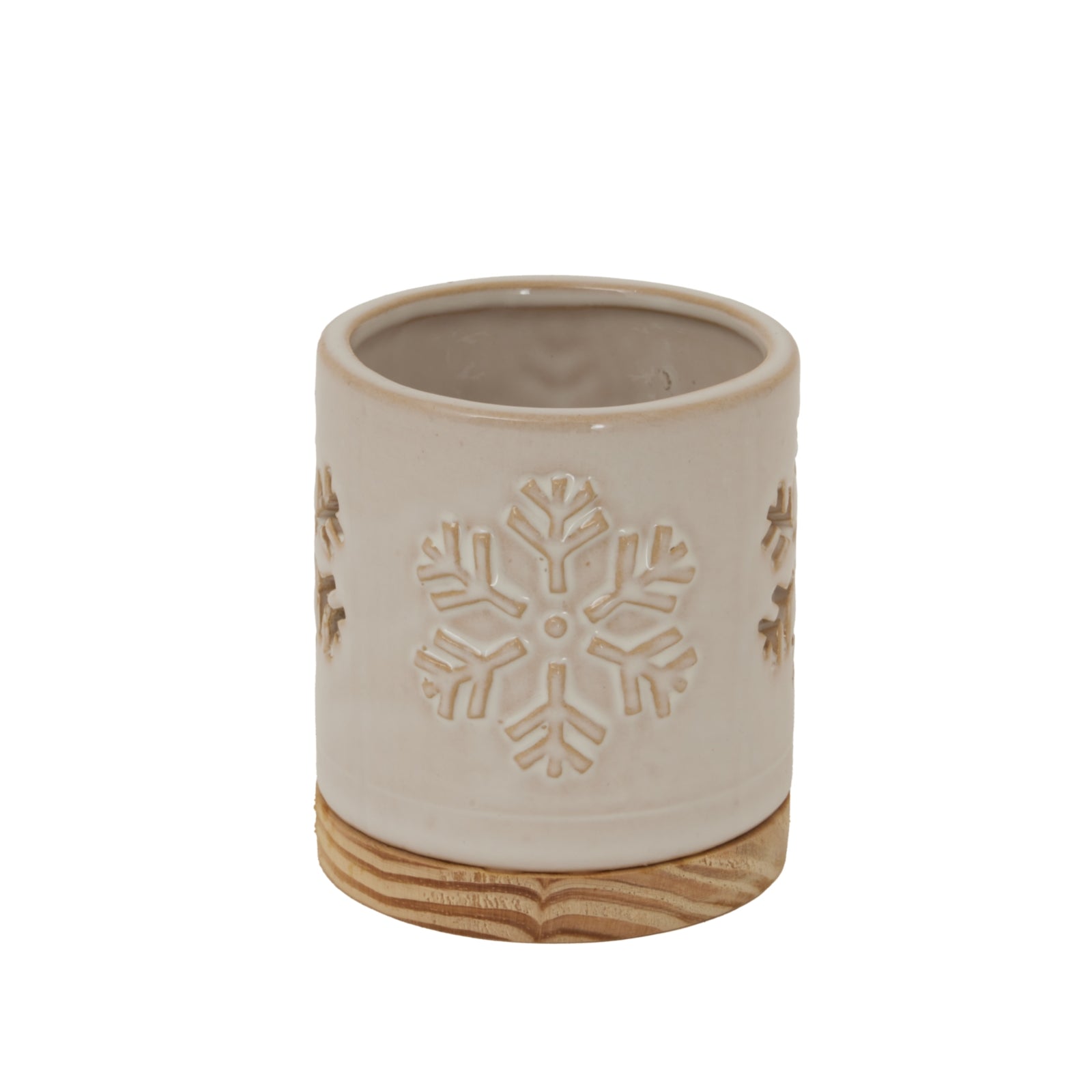 Alora Ceramic Snowflake Candle Holder On Wood Base Display - Darlington's Décor