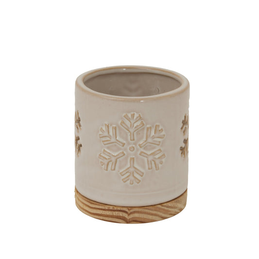 Alora Ceramic Snowflake Candle Holder On Wood Base Display - Darlington's Décor