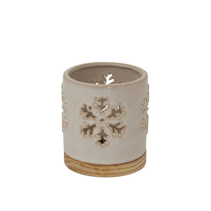 Alora Ceramic Snowflake Candle Holder On Wood Base Display - Darlington's Décor