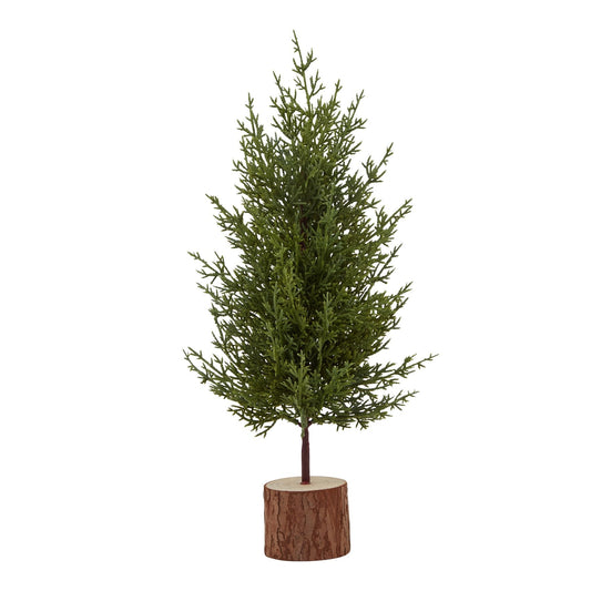 Charming Small Green Fir Tree In Wood Log Base - Darlington's Décor