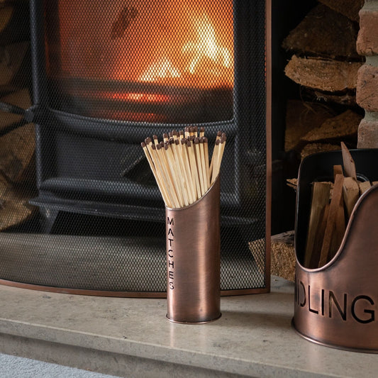 Copper Finish Logs And Kindling Buckets With Matchstick Holder - Darlington's Décor