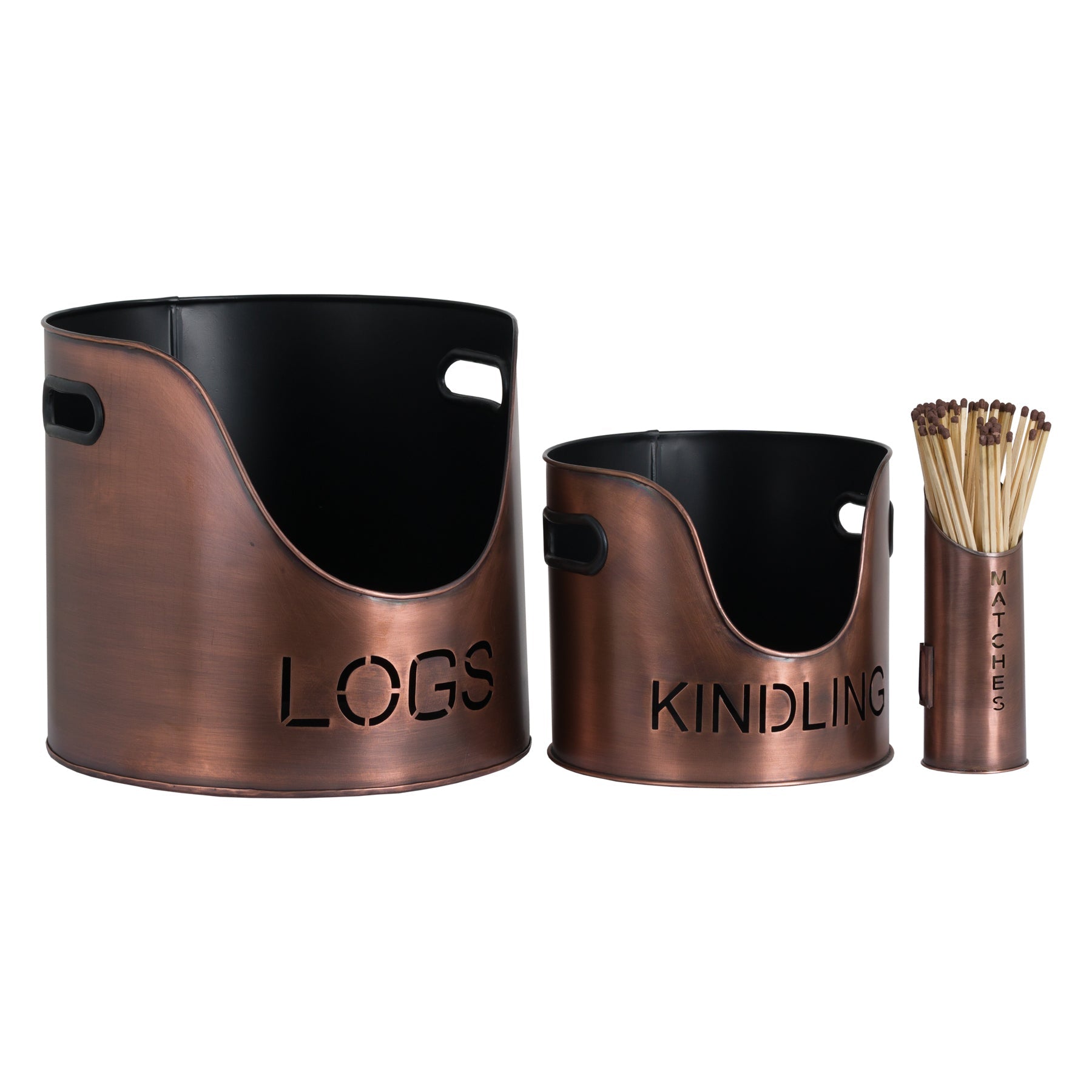Copper Finish Logs And Kindling Buckets With Matchstick Holder - Darlington's Décor