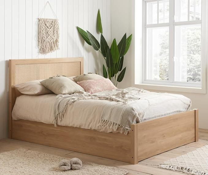 Croxley Oak Wooden Rattan Ottoman Storage Bed (Oak, 5FT King Size - Frame Only) - Darlington's Décor