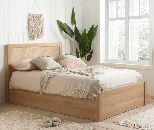 Croxley Oak Wooden Rattan Ottoman Storage Bed (Oak, 5FT King Size - Frame Only) - Darlington's Décor