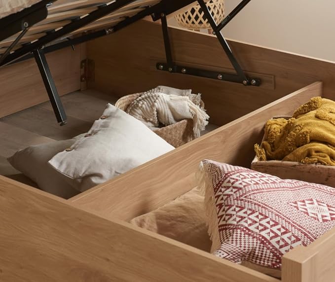 Croxley Oak Wooden Rattan Ottoman Storage Bed (Oak, 5FT King Size - Frame Only) - Darlington's Décor