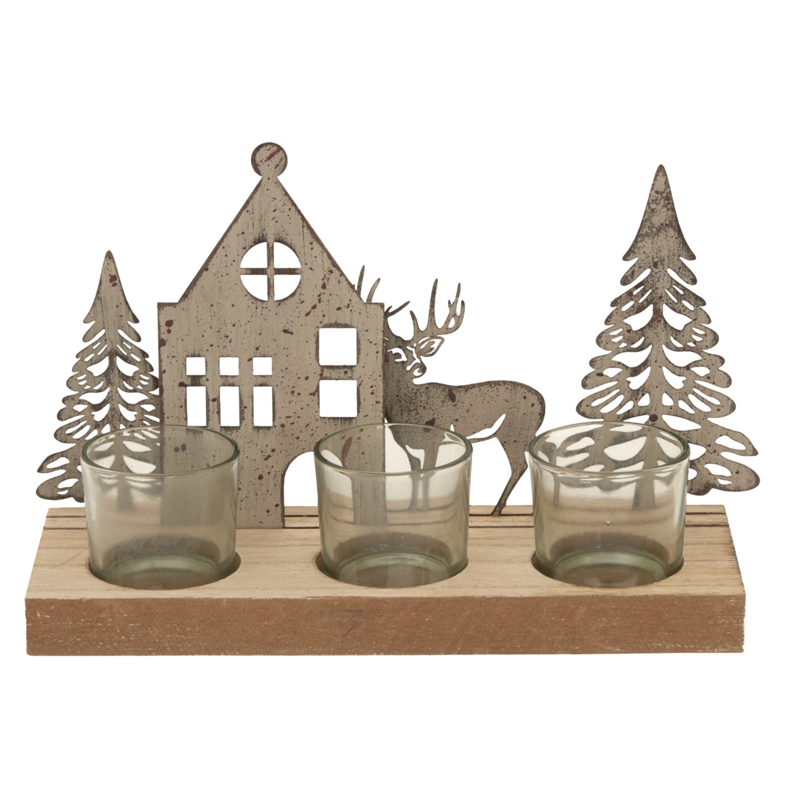 Enchanting Rustic Metal Scene Tealight On Wood Stand With Glass Votives - Darlington's Décor