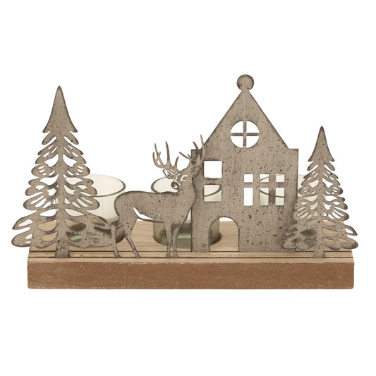 Enchanting Rustic Metal Scene Tealight On Wood Stand With Glass Votives - Darlington's Décor