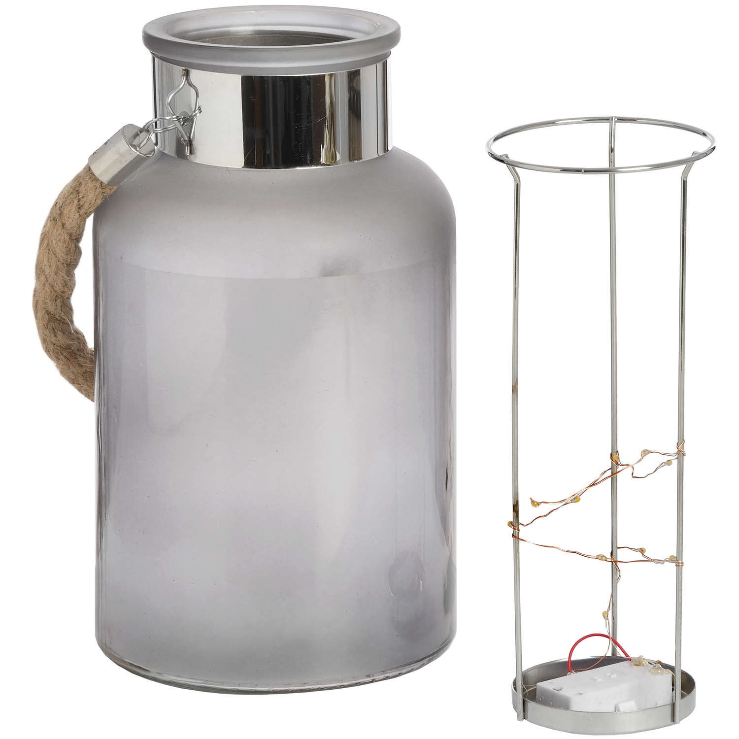 Frosted Glass Lantern with Rope Detail and Interior LED Elegance - Darlington's Décor