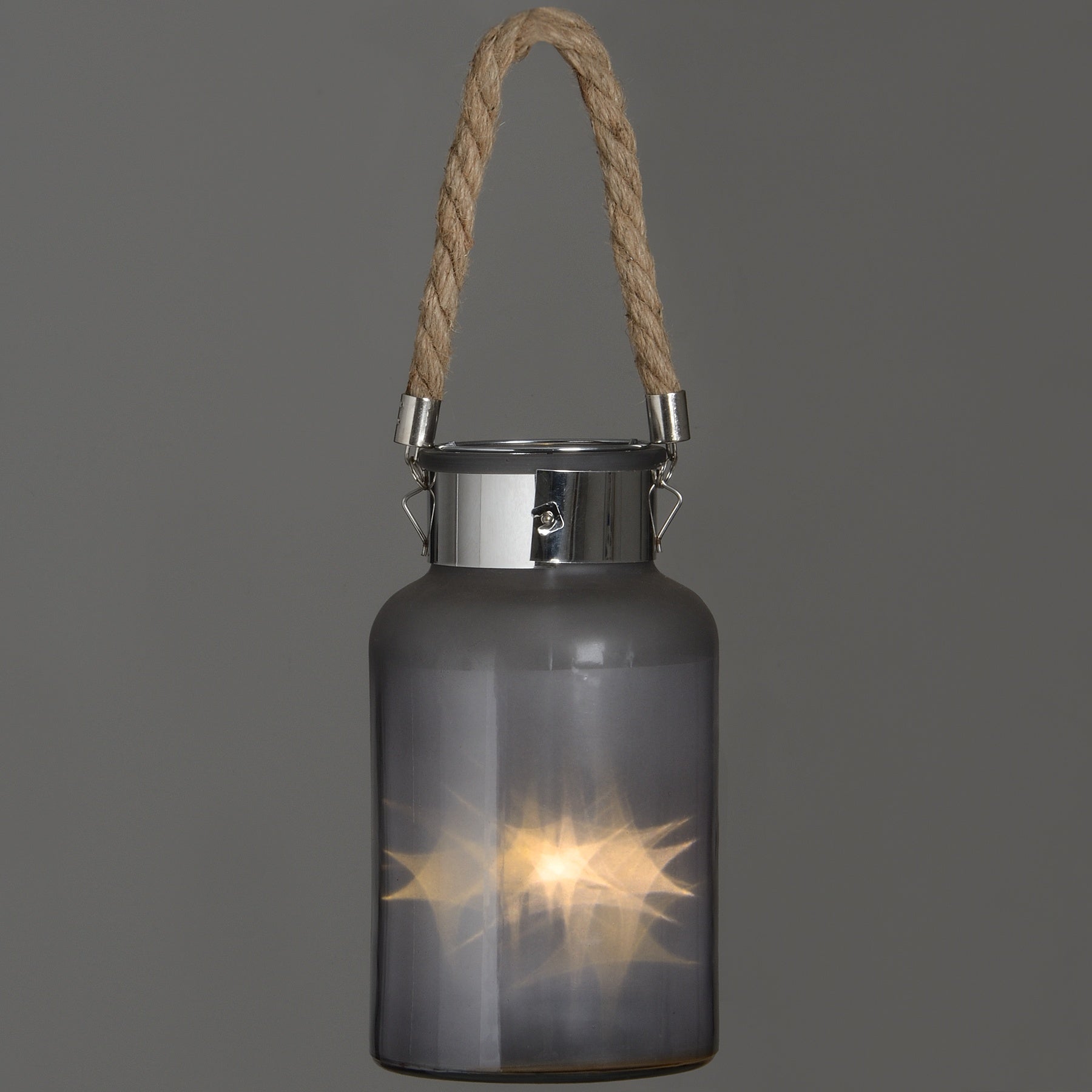 Frosted Glass Lantern with Rope Detail and Interior LED Elegance - Darlington's Décor