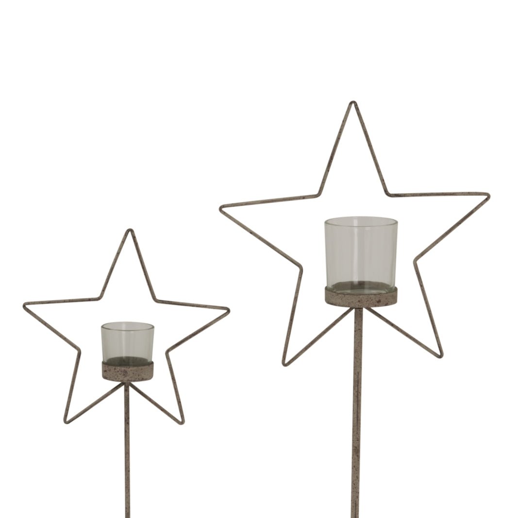 Large Natural Rustic Star On Wood Stand With Glass Votive Decor - Darlington's Décor