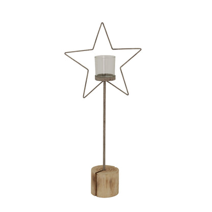 Large Natural Rustic Star On Wood Stand With Glass Votive Decor - Darlington's Décor