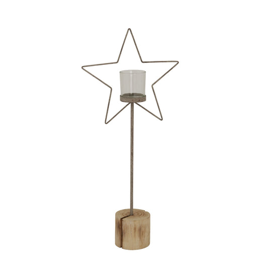 Large Natural Rustic Star On Wood Stand With Glass Votive Decor - Darlington's Décor