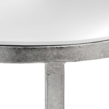 Elegant Mirrored Silver Half Moon Table With Cross Detail - Darlington's Décor