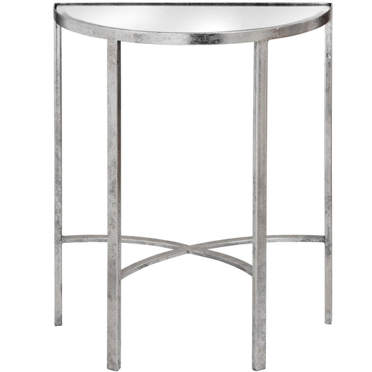 Elegant Mirrored Silver Half Moon Table With Cross Detail - Darlington's Décor