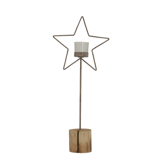 Natural Rustic Star On Wood Stand With Glass Votive Decor - Darlington's Décor