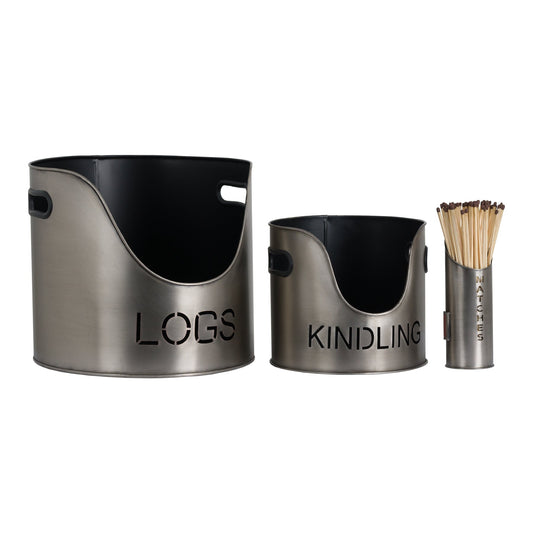 Pewter Finish Logs And Kindling Buckets With Holder - Darlington's Décor