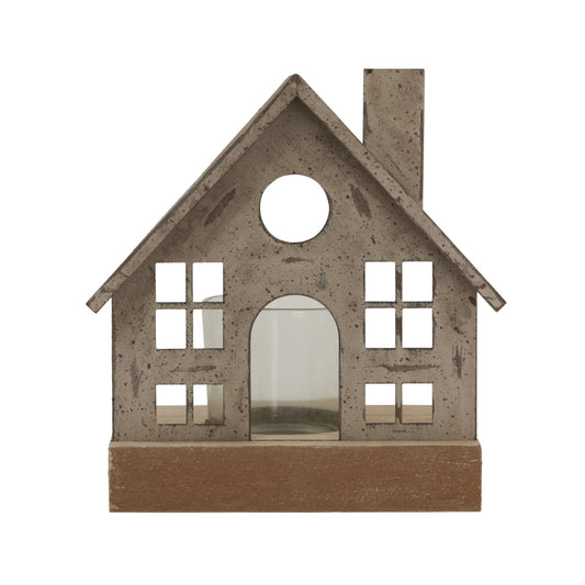 Rustic Metal House Tealight On Wood Stand With Glass Votive - Darlington's Décor