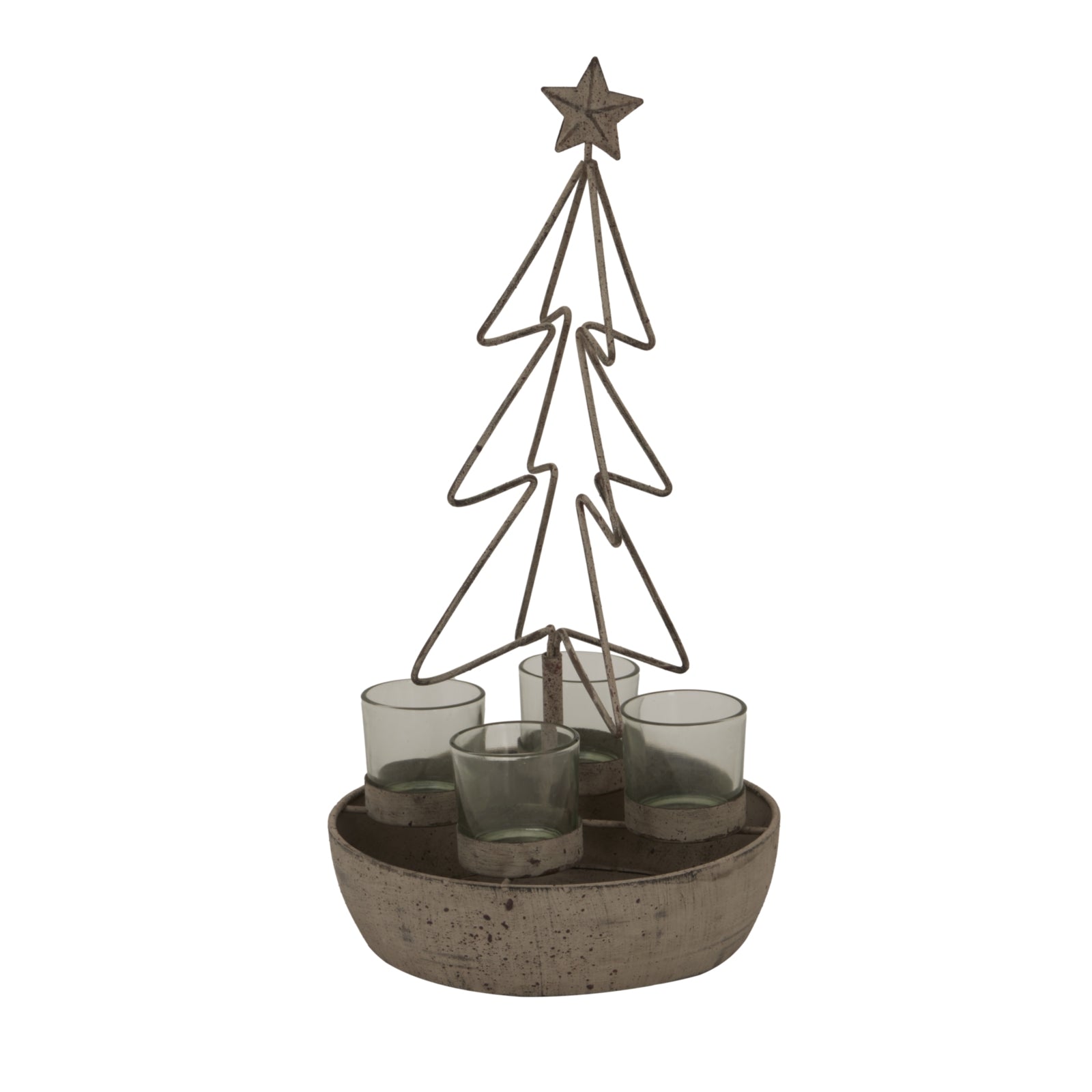 Rustic Outline Tree And Star With Four Glass Votives Display - Darlington's Décor