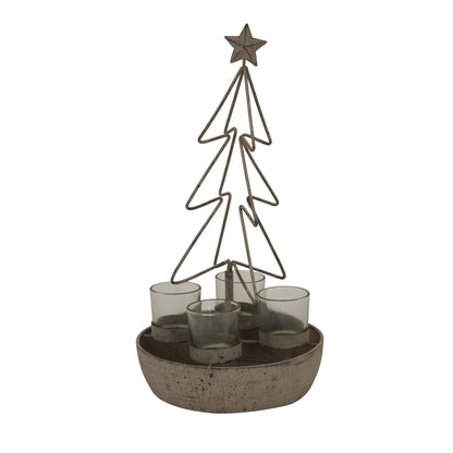 Rustic Outline Tree And Star With Four Glass Votives Display - Darlington's Décor