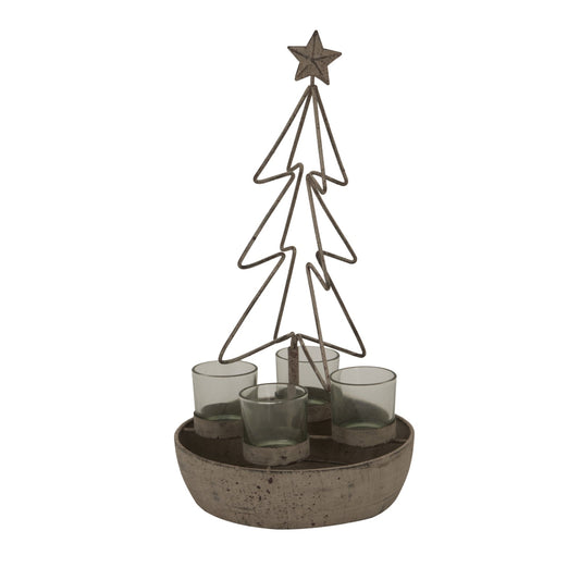 Rustic Outline Tree And Star With Four Glass Votives Display - Darlington's Décor