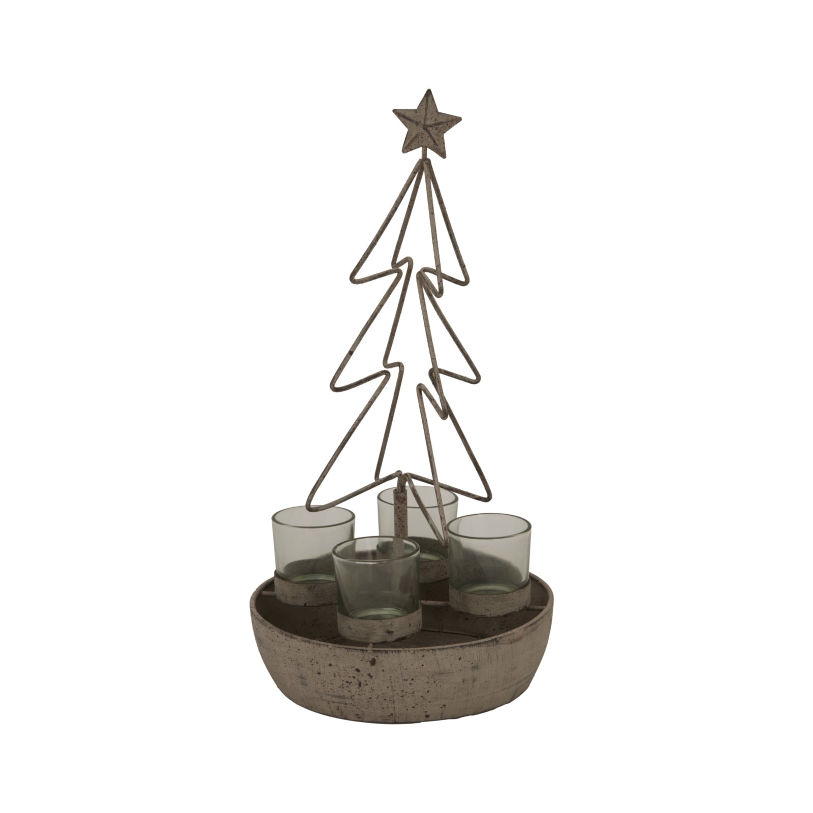 Rustic Outline Tree And Star With Four Glass Votives Display - Darlington's Décor