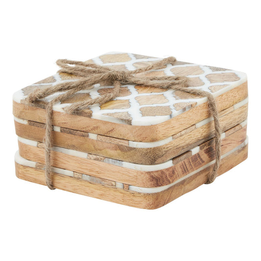 Set Of 4 Wood Effect White Geometric Coasters Ideal Décor - Darlington's Décor