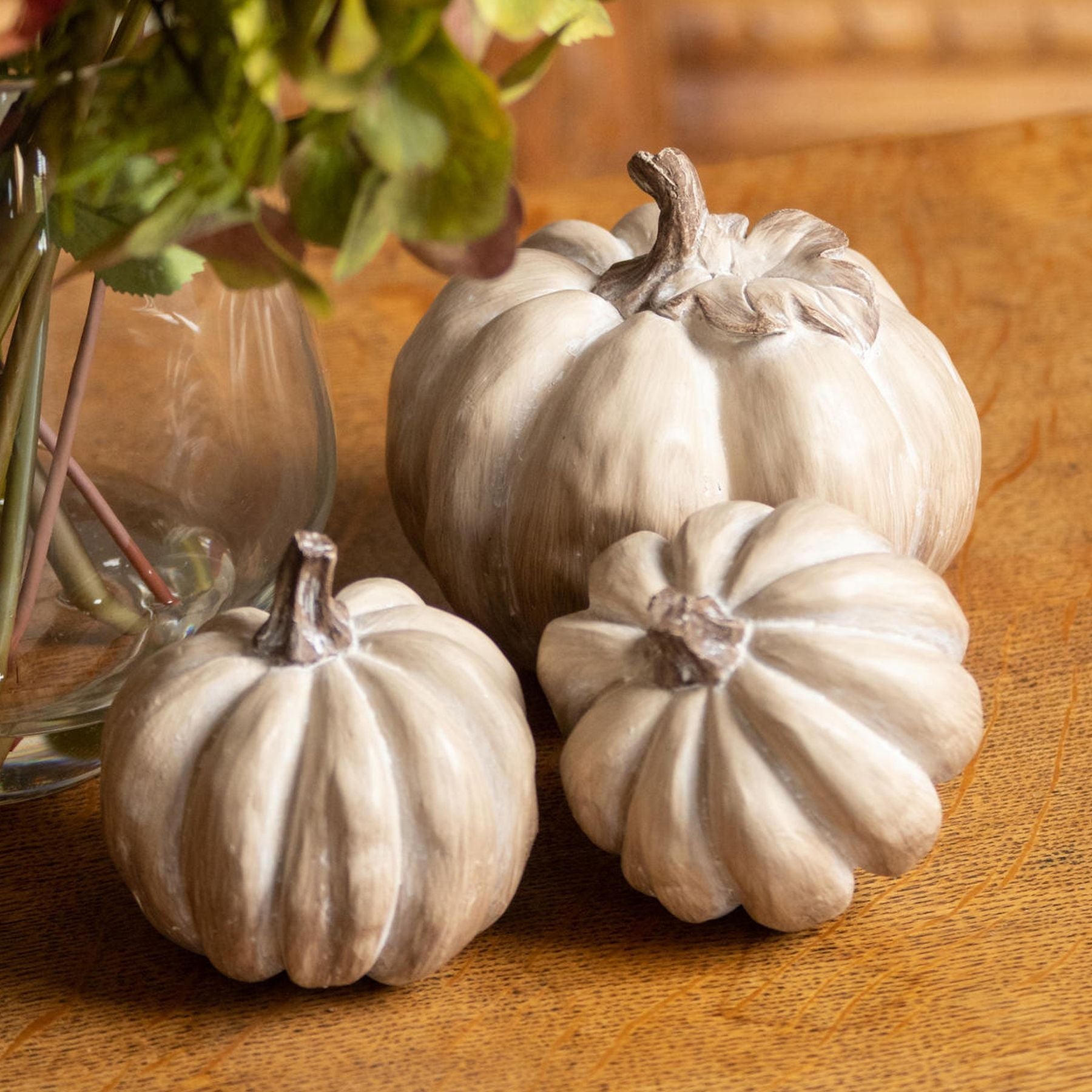 Set Of Three Carved Wood Effect Pumpkins For Autumn Decor - Darlington's Décor
