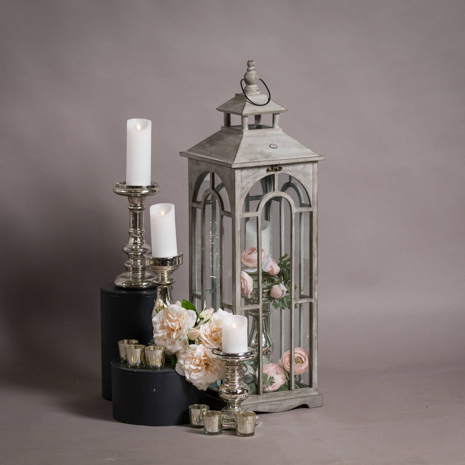 Set Of Three Wooden Lanterns With Archway Design Elegance - Darlington's Décor