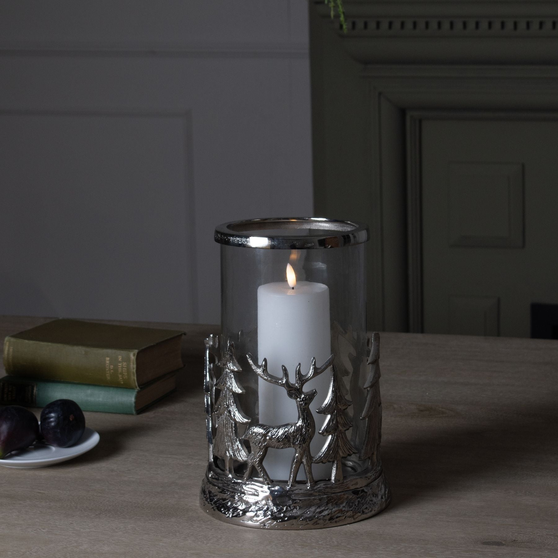 Silver Stag Scene Hurricane Lantern for Enchanting Decor - Darlington's Décor