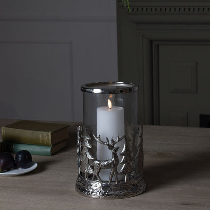 Silver Stag Scene Hurricane Lantern for Enchanting Decor - Darlington's Décor