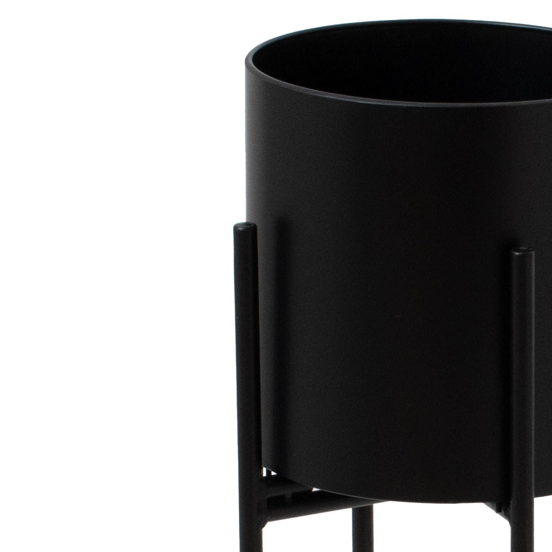 Sleek Matt Black Cylindrical Planter On Black Frame - Darlington's Décor