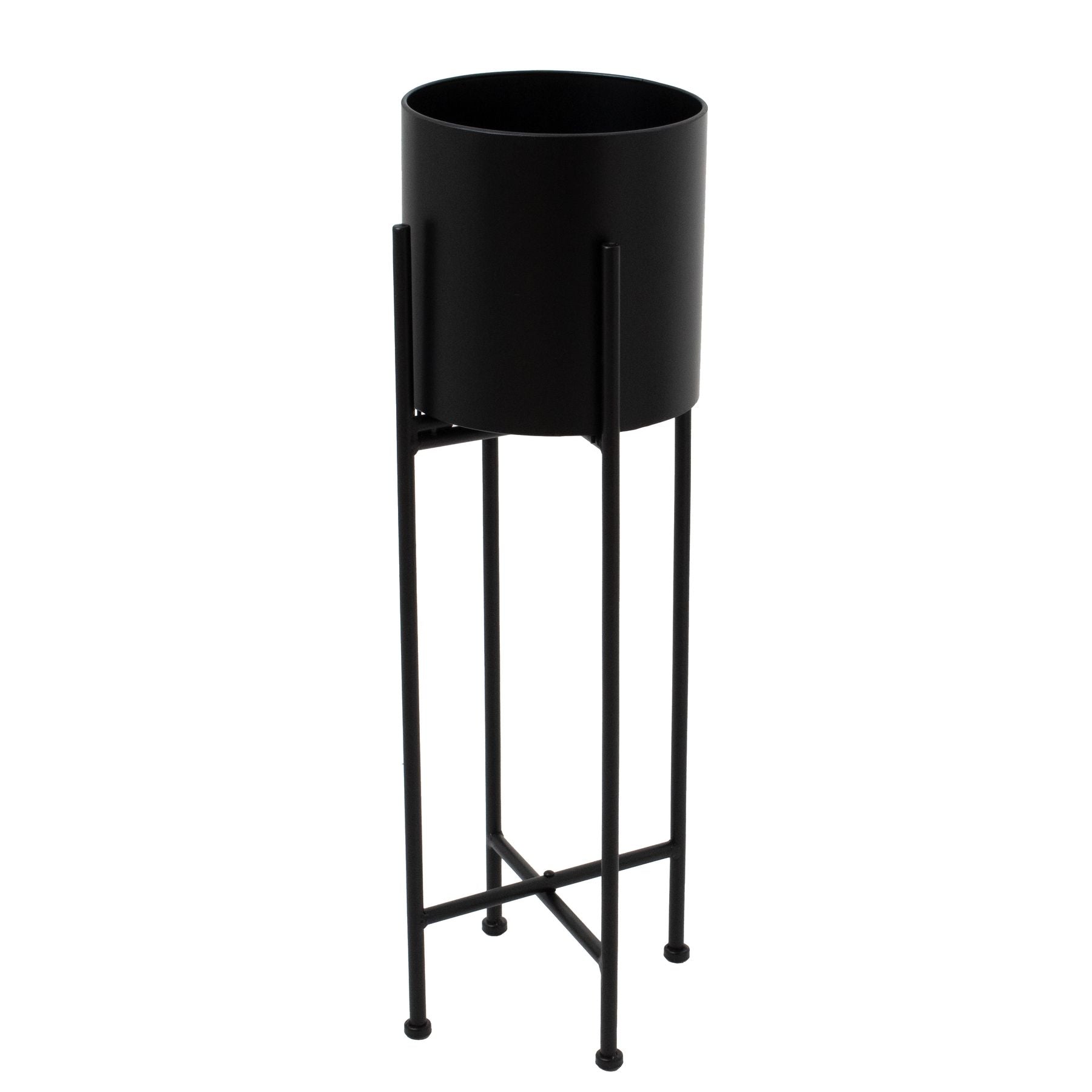 Sleek Matt Black Cylindrical Planter On Black Frame - Darlington's Décor
