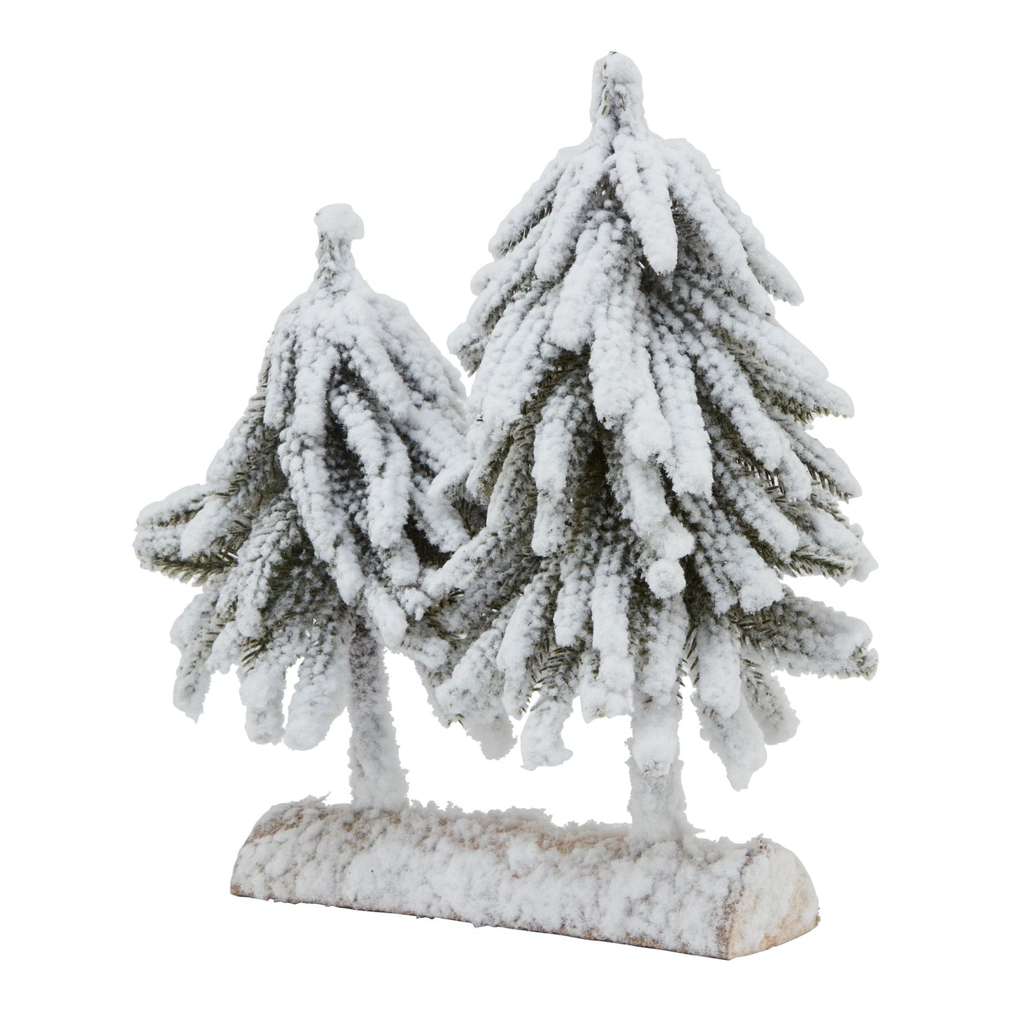 Small Snowy Fir Tree Duo On Wood Log Base - Darlington's Décor