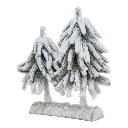 Small Snowy Fir Tree Duo On Wood Log Base - Darlington's Décor