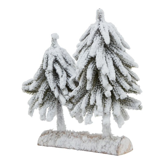 Small Snowy Fir Tree Duo On Wood Log Base - Darlington's Décor